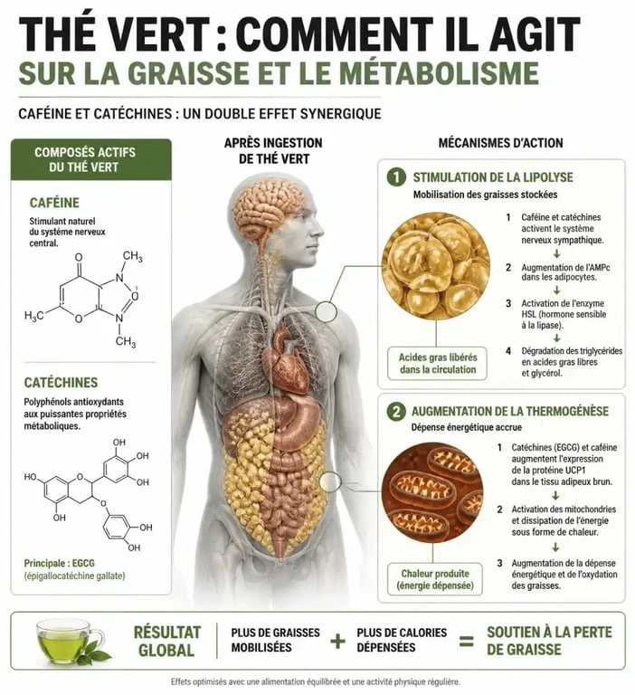 Infographie sur les bienfaits du thé vert pour la perte de poids et les mécanismes métaboliques