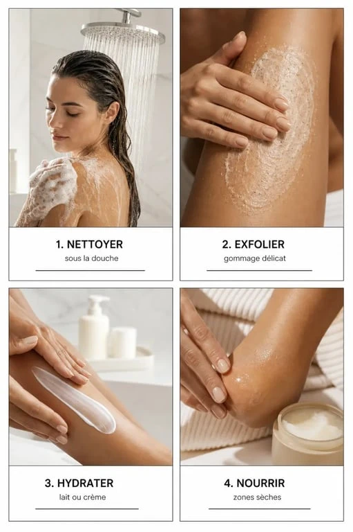 Soin corps : routine complète avec nettoyage, gommage, hydratation et nutrition