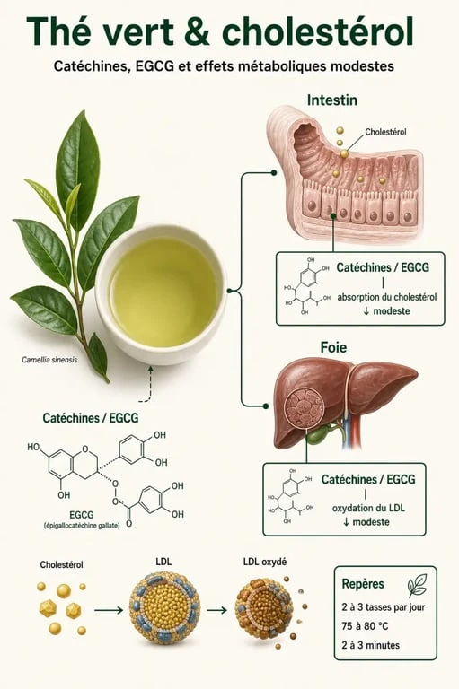 Schéma sur le thé vert et cholestérol montrant l’effet des catéchines sur le LDL et les repères de consommation