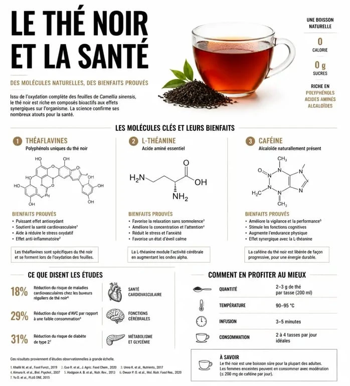 Infographie sur les vertus du thé noir pour la santé et ses composants nutritionnels