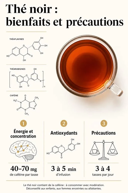Thé noir bienfaits : visuel santé avec énergie, antioxydants et précautions