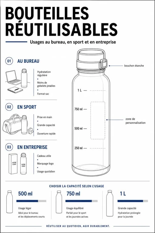 Usages des bouteilles réutilisables au bureau, en sport et en entreprise
