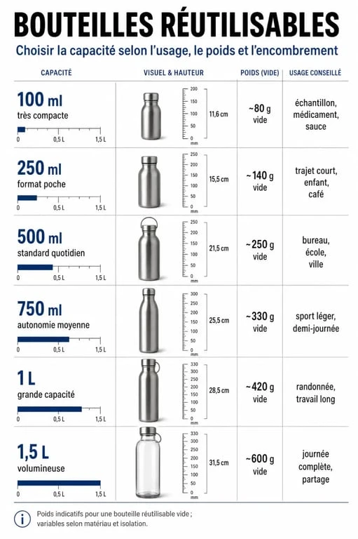 Comparatif des bouteilles réutilisables selon leur capacité, de 100 ml à 1,5 L