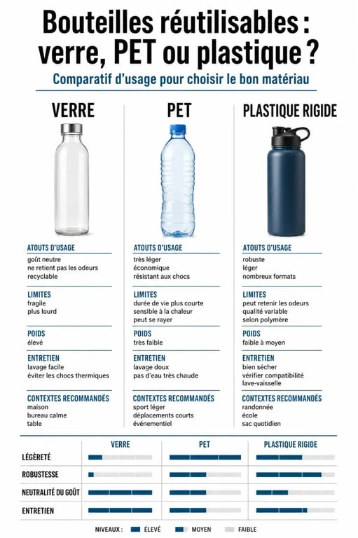 Comparatif des bouteilles réutilisables en verre, PET et plastique selon l’usage