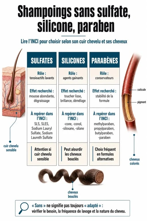 Shampoings sans sulfate sans silicone sans paraben : tableau visuel des ingrédients à éviter et des suffixes INCI