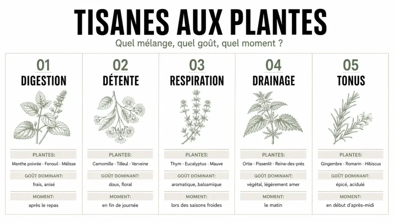 Infographie tisane aux plantes : digestion, détente, respiration, drainage et tonus