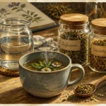 Infusion aux plantes : tasse tisane menthe et camomille et méthodes (infusion, décoction, macération).