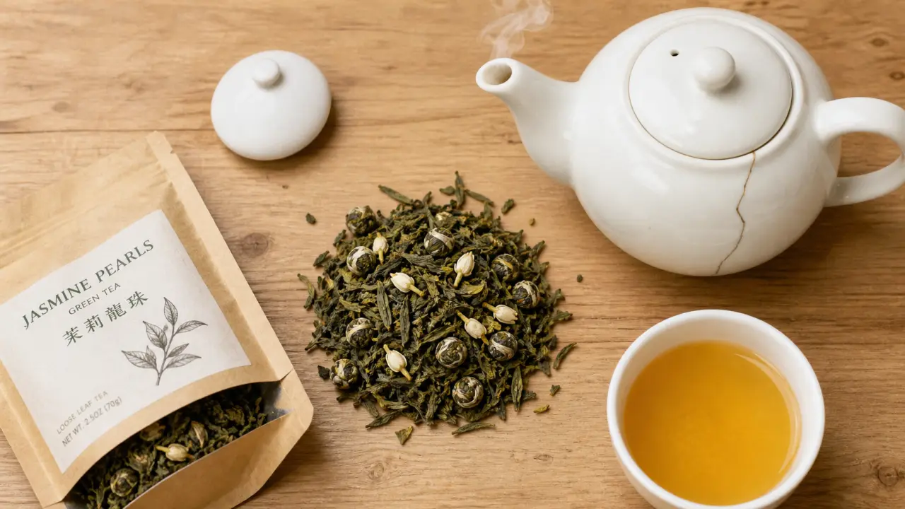 Jasmine thé : feuilles de thé vert et perles de jasmin, thé au jasmin naturel