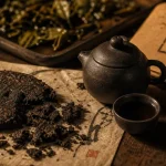 Thé pu erh bio du Yunnan : galette sheng et shou, table en bois