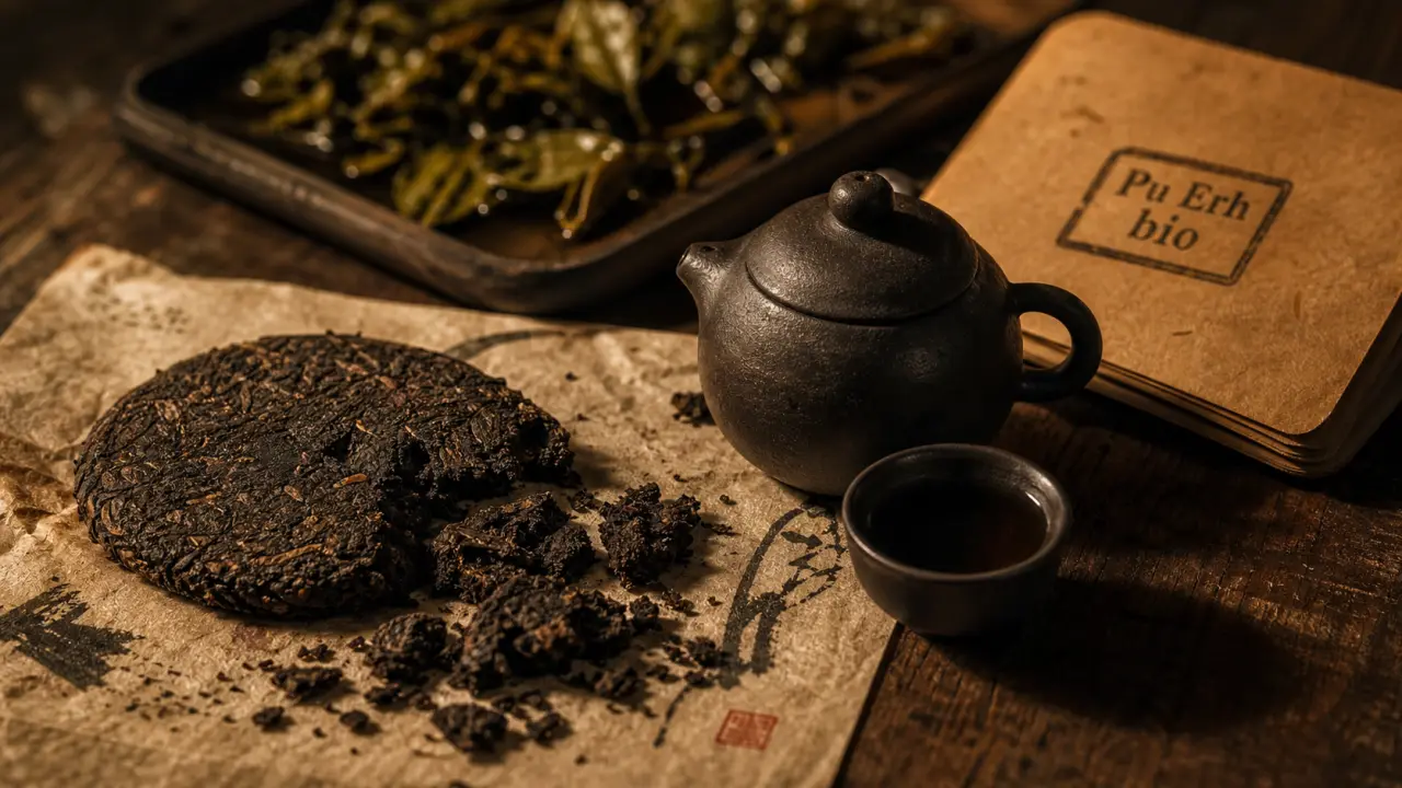 Thé pu erh bio du Yunnan : galette sheng et shou, table en bois