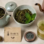 Thé vert à la menthe, eau à 75–80 °C et rinçage 30 secondes