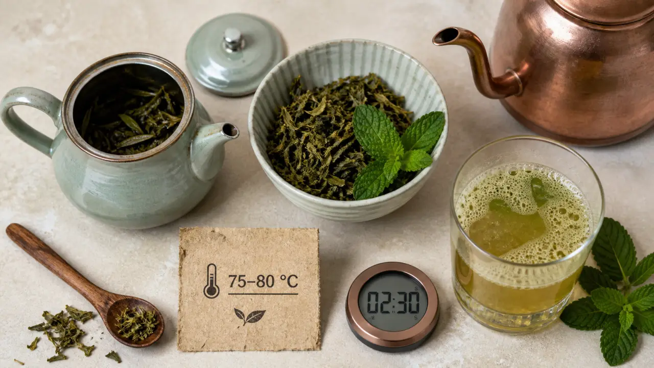 Thé vert à la menthe, eau à 75–80 °C et rinçage 30 secondes