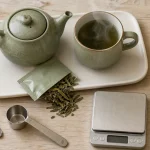 Thé vert bienfaits : feuilles et infusion chaude sur table en bois clair