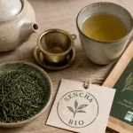 Thé vert sencha bio : feuilles en infusion à 75°C, tasse de thé vert doré