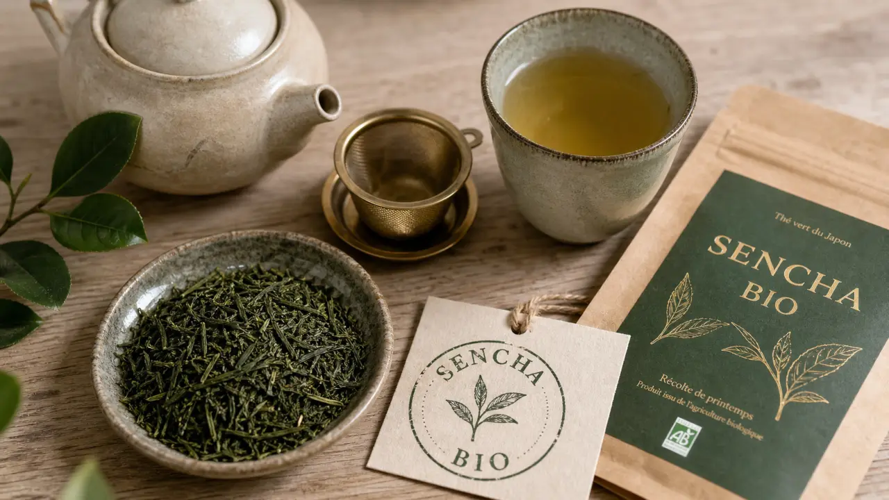 Thé vert sencha bio : feuilles en infusion à 75°C, tasse de thé vert doré