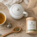 Tisane CBD bio, théière et infusion ambrée, dosage
