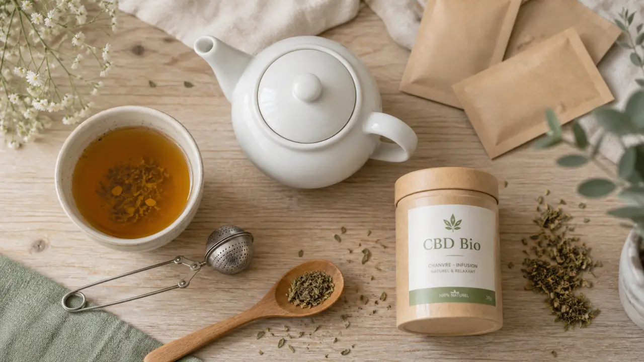 Tisane CBD bio, théière et infusion ambrée, dosage