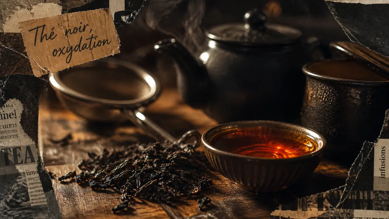 Vertu du thé noir : feuilles, liqueur ambrée et tasse, bienfaits et concentration