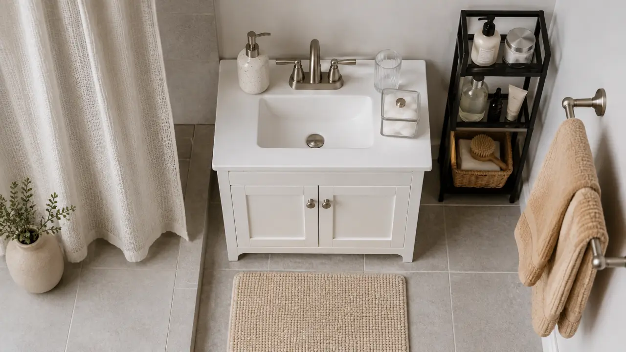 Accessoire salle de bain : rangement harmonisé (savon, cotons, serviette) en salle de bain