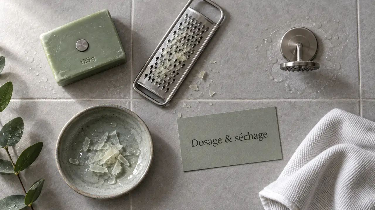 Distributeur savon solide, dosage et séchage sur porte-savon