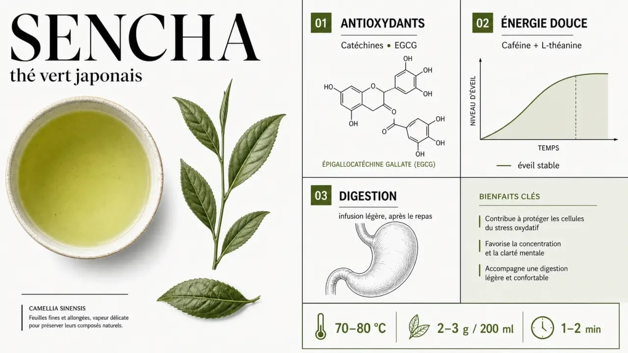 Thé vert sencha bienfaits : infographie sur les antioxydants, l’énergie douce, la digestion et l’infusion idéale