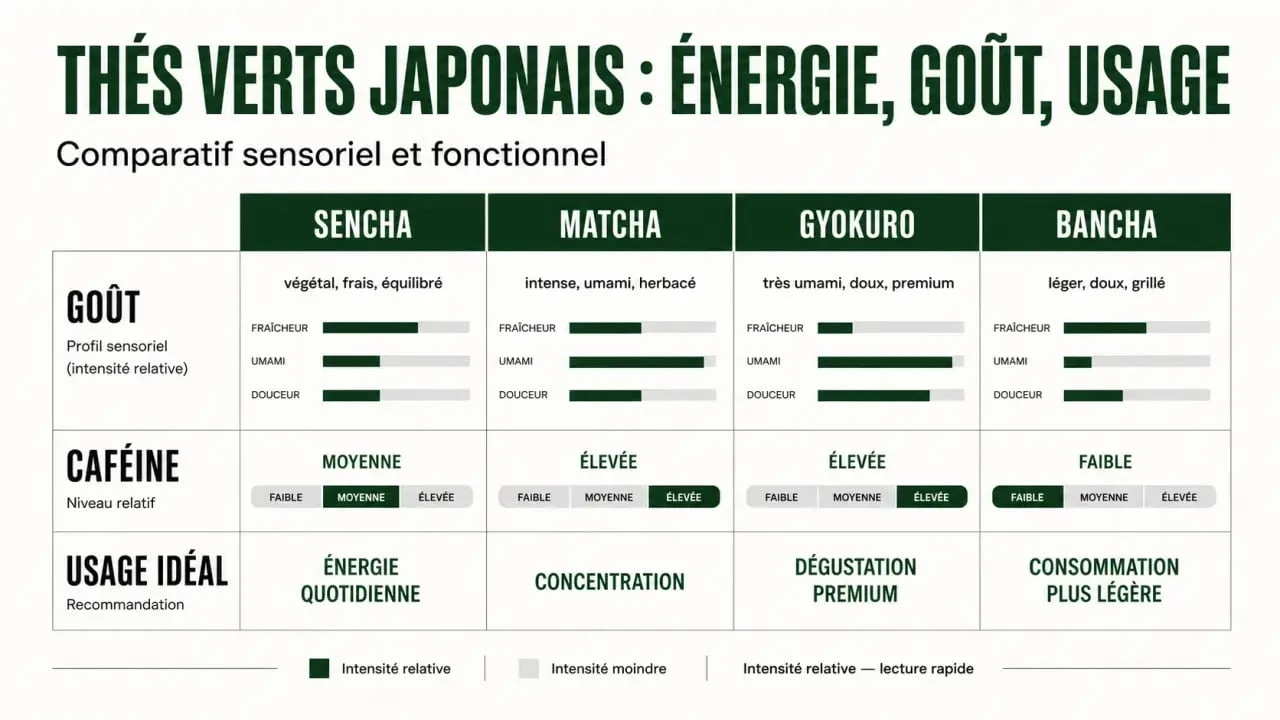 Thé vert sencha bienfaits : comparaison visuelle entre sencha, matcha, gyokuro et bancha