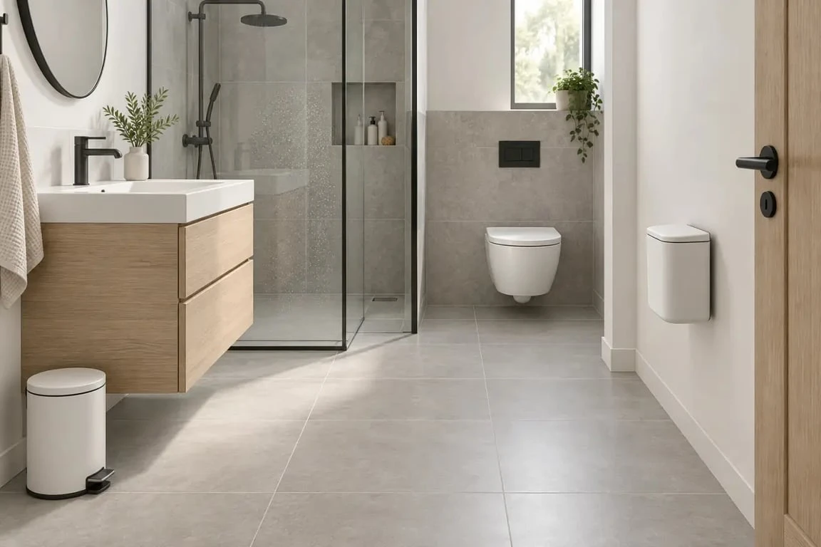 Mise en situation d’une poubelle pour salle de bain compacte et murale