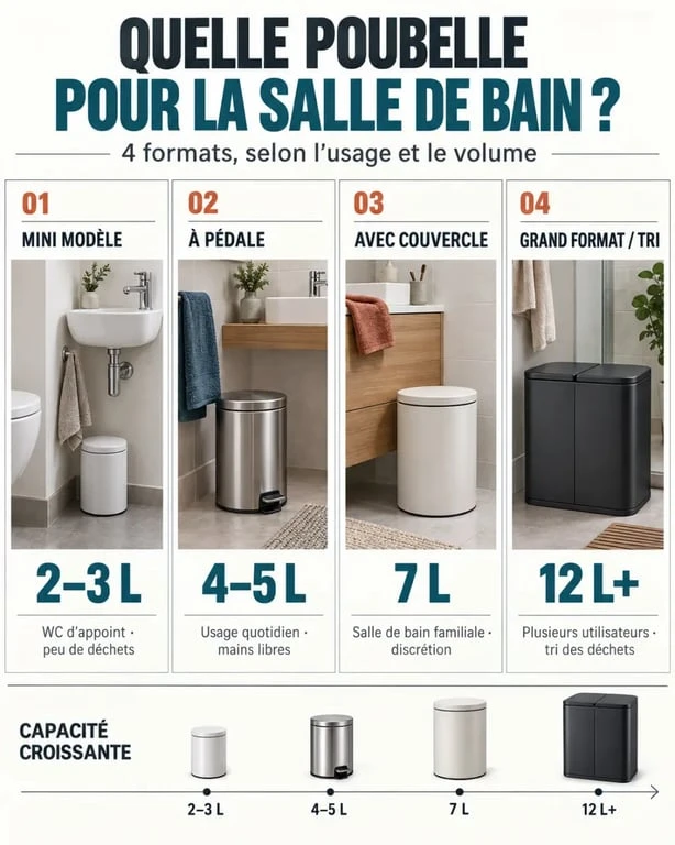 Infographie des types et contenances de poubelles pour salle de bain