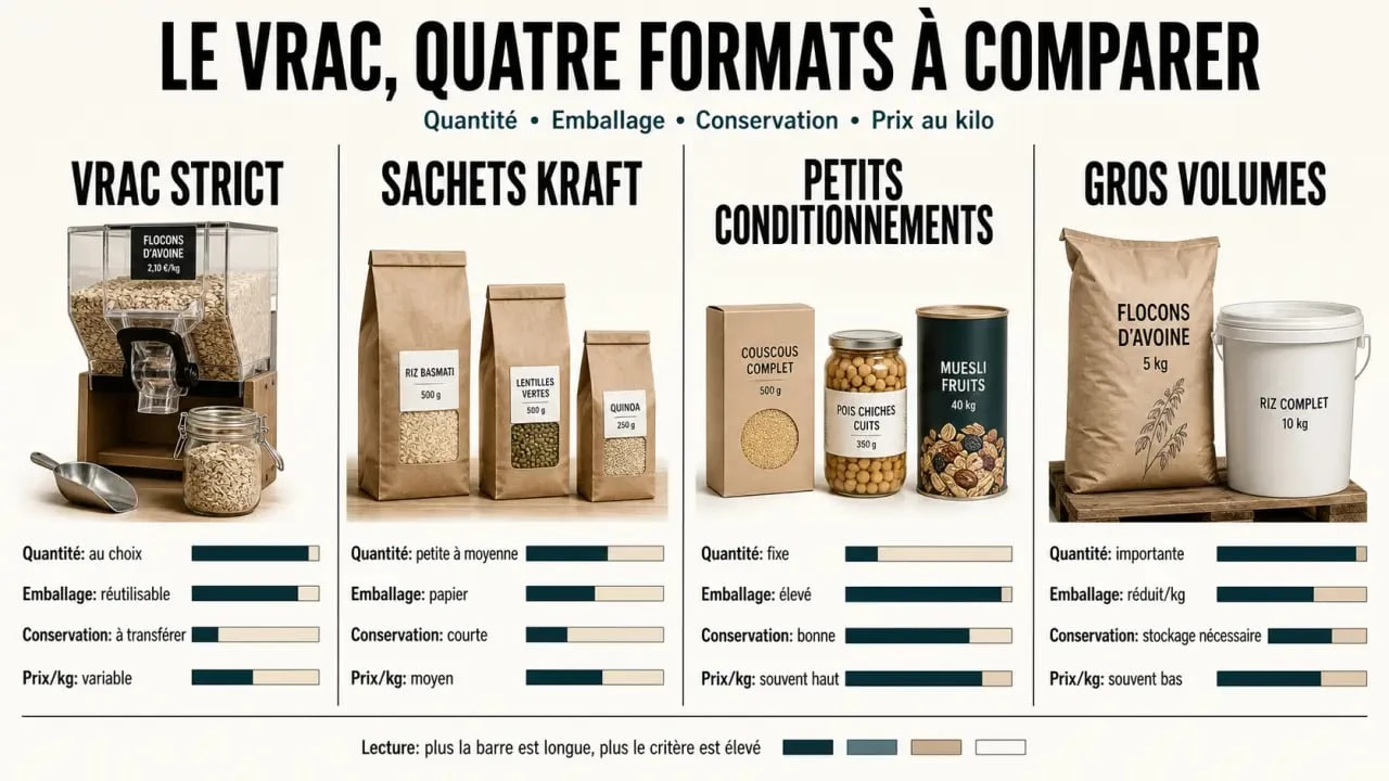 Comparatif produit vrac entre vrac strict, sachets kraft, petits conditionnements et gros volumes