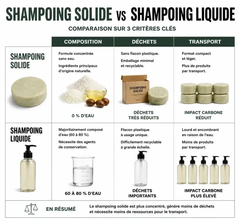 Tableau comparatif entre shampoing solide vegan et shampoing liquide classique