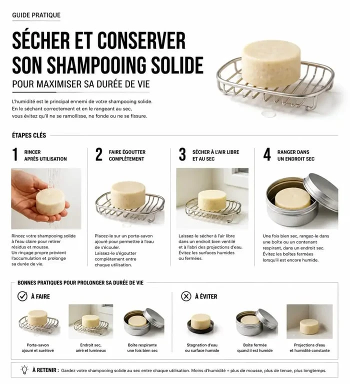 Guide visuel pour le séchage et la conservation d'un shampoing solide vegan