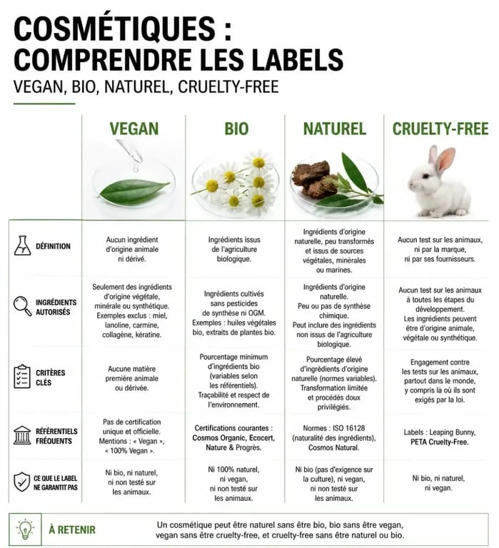 Infographie comparative des labels cosmétiques : vegan, bio, naturel et cruelty free pour choisir son shampoing solide vegan