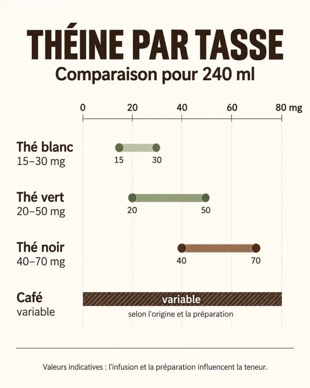 Comparatif théine thé blanc thé vert thé noir et café par tasse