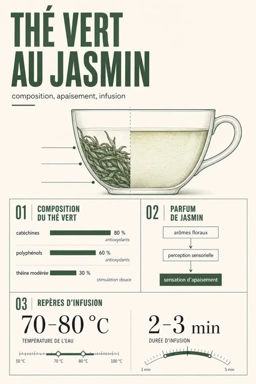 Infographie sur les bienfaits du thé vert jasmin et ses conseils d’infusion