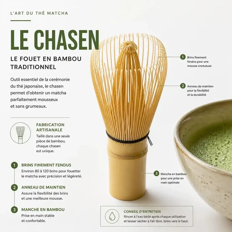 Fouet pour thé matcha en bambou et bol de thé vert mousseux