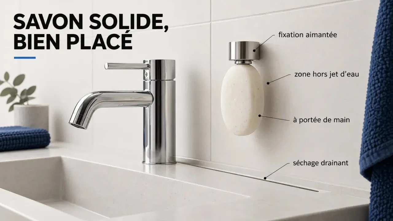 Installation et séchage d'un distributeur savon solide près d'un lavabo