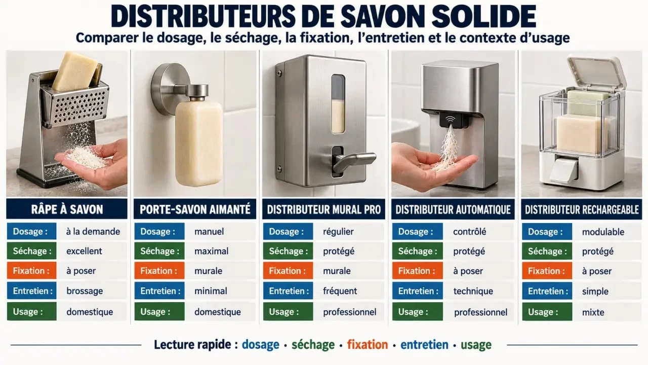 Infographie comparative des solutions de distributeur savon solide