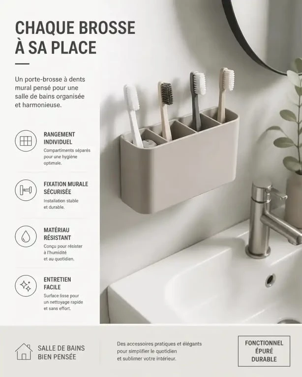 Porte-brosse à dents mural avec compartiments séparés dans une salle de bains organisée