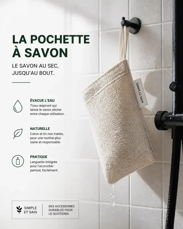 Pochette savon solide suspendue dans la douche par sa languette