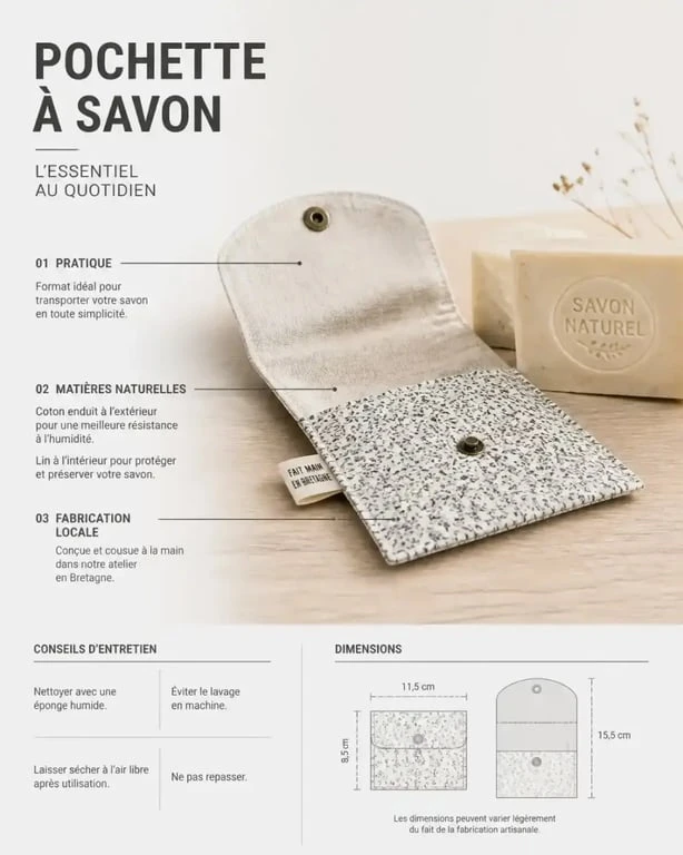Pochette savon solide en tissu enduit coton et lin posée avec un pain de savon