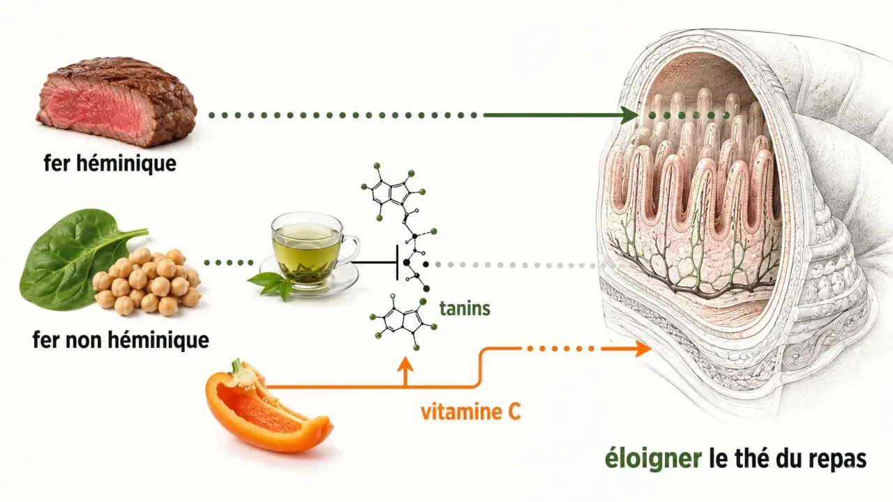Infographie sur le thé vert et le fer : tanins, absorption du fer héminique et non héminique, vitamine C et moment de consommation