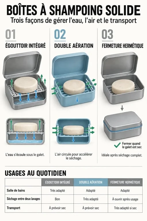 Infographie comparative d'une boîte à shampoing solide avec égouttoir, aération et fermeture hermétique