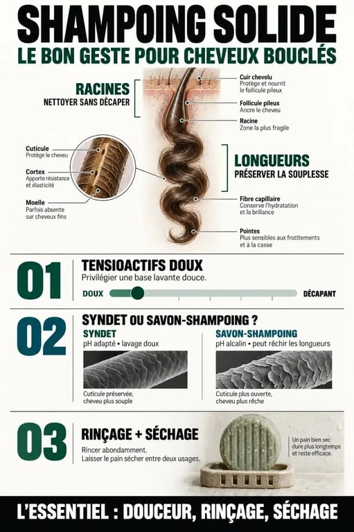 Infographie sur le shampoing solide cheveux bouclés et les critères de choix d’une formule adaptée