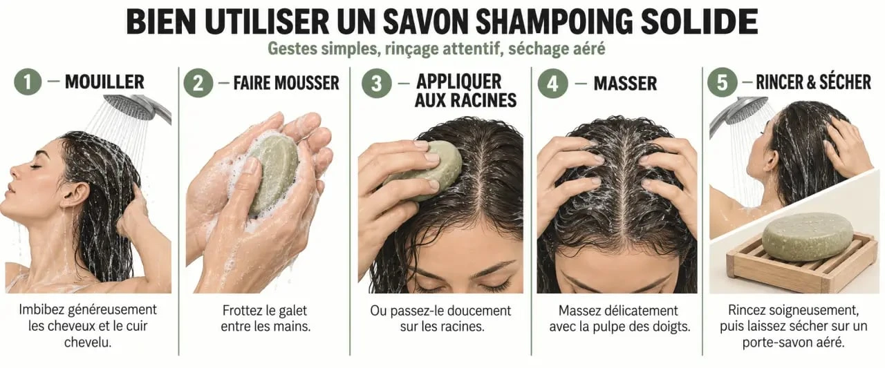 Étapes d'utilisation et de conservation d'un savon shampoing solide bio