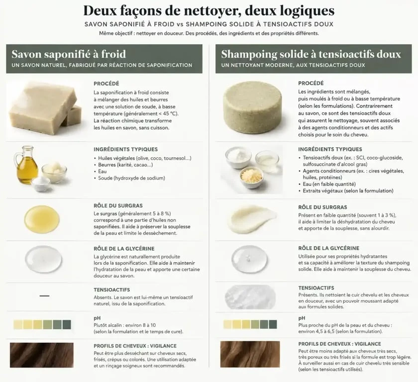 Infographie comparative sur le savon shampoing solide bio saponifié à froid et le shampoing solide à tensioactifs doux