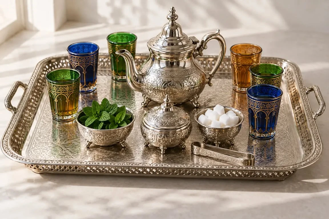 Service à thé marocain complet avec théière, verres, plateau et accessoires