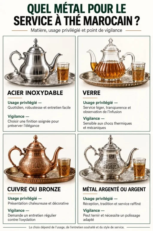 Infographie comparative des matériaux d’un service à thé marocain