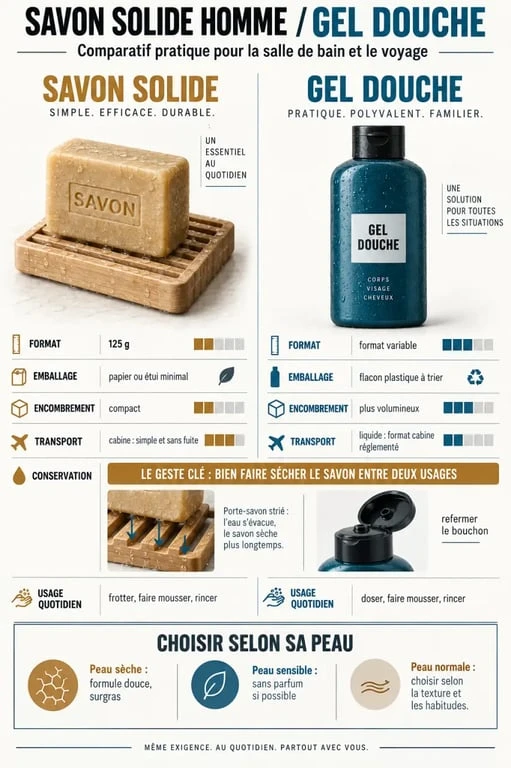 Infographie comparative sur le savon solide homme et le gel douche