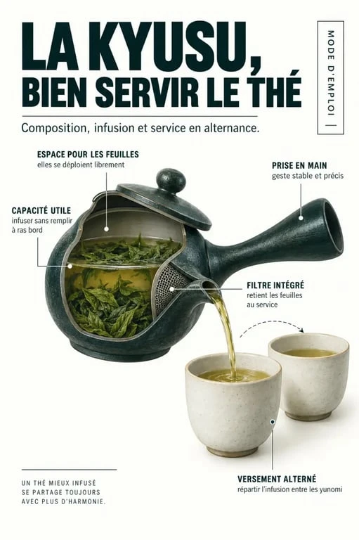 Composition et utilisation d’un service à thé japonais avec kyusu et tasses yunomi