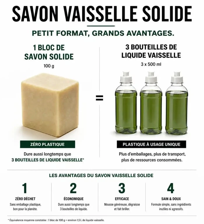 Comparaison visuelle entre un savon vaisselle solide et des bouteilles de liquide vaisselle plastique